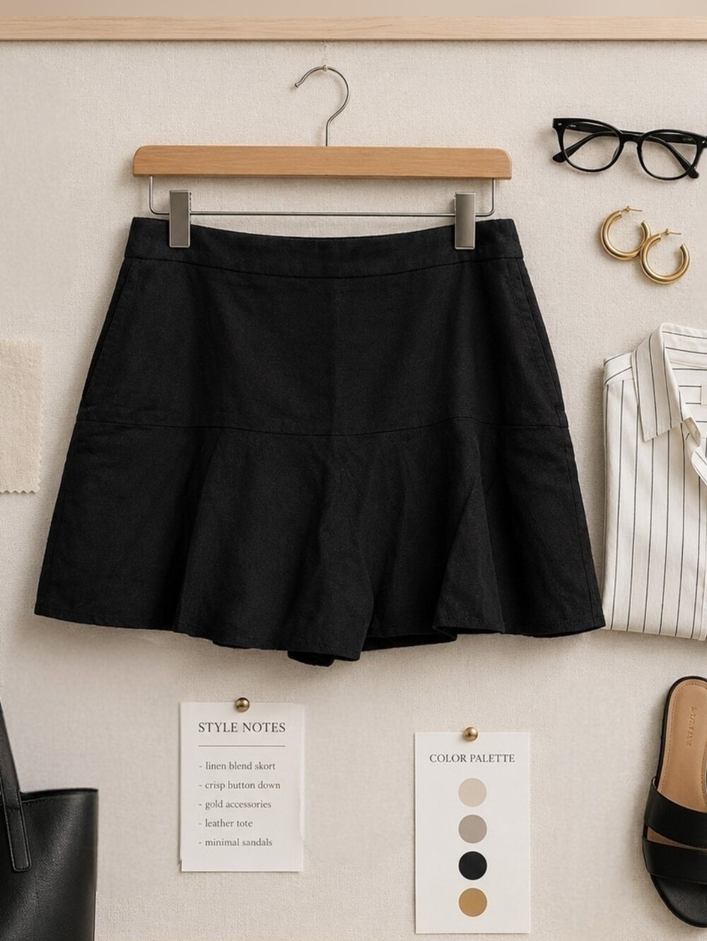 Cleo Petite NEW Plus Sizes 16P: Black Linen-Blend Flared Skort
